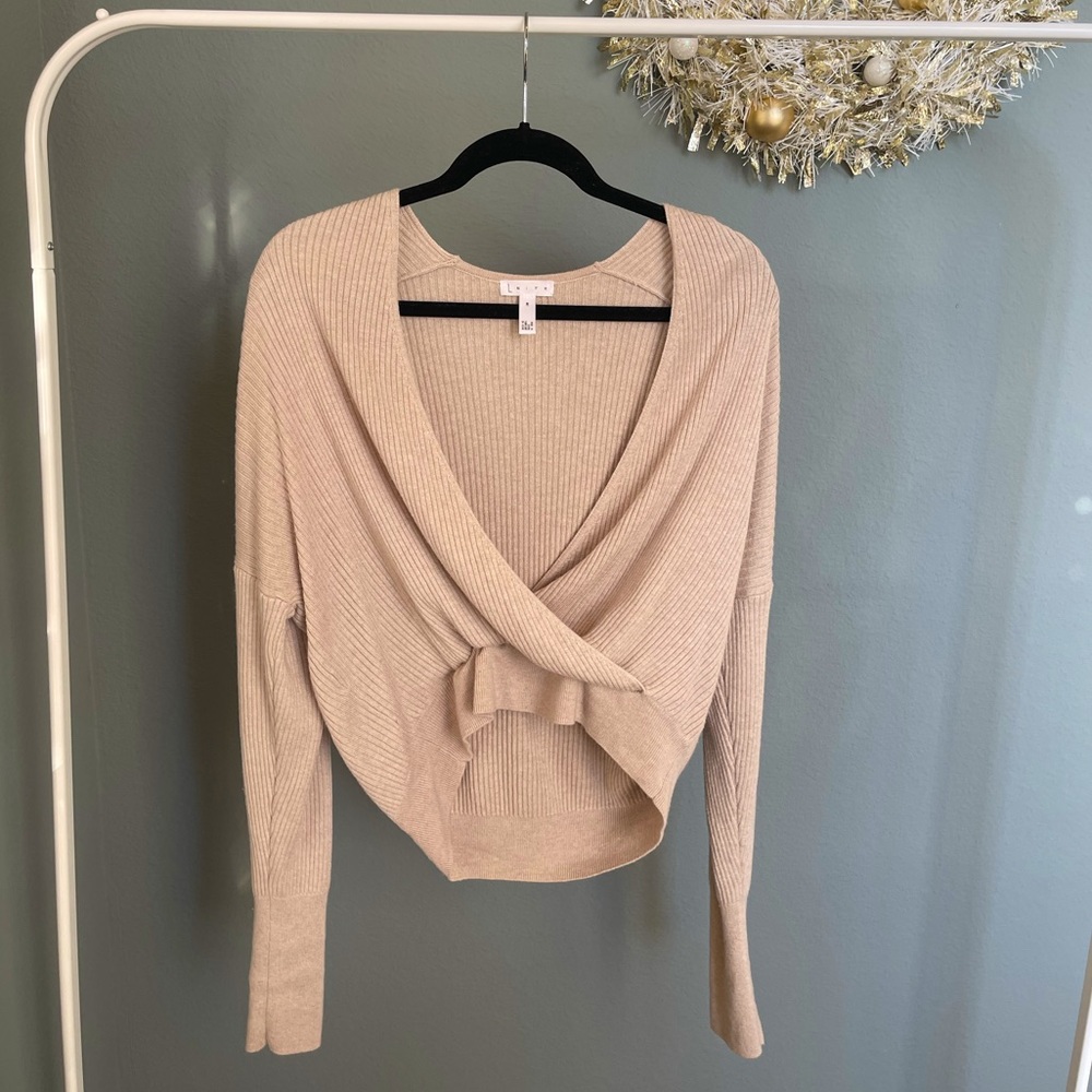 Neutral/ nude long sleeve ribbed cross body top. Leith brand, size M